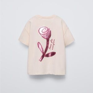Zara Girl T-Shirt in Cream with Metallic Pink Rose NWT Size 1.5Y